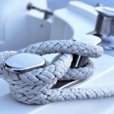 Close-up of a moored rope on a luxury yacht.