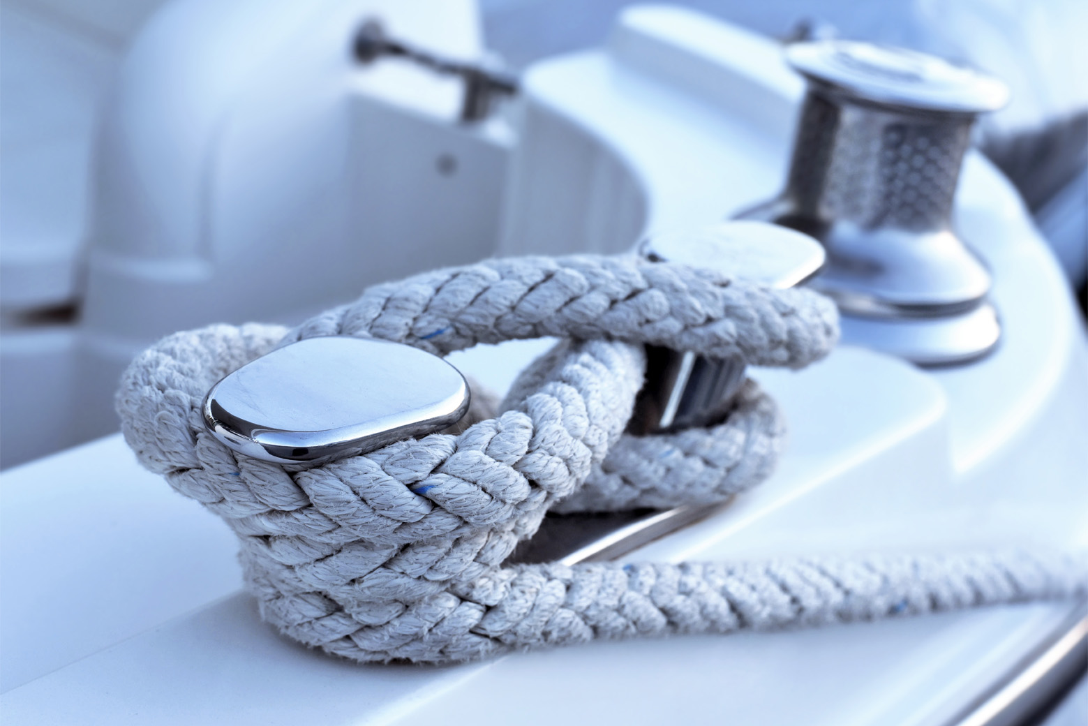 Close-up of a moored rope on a luxury yacht.