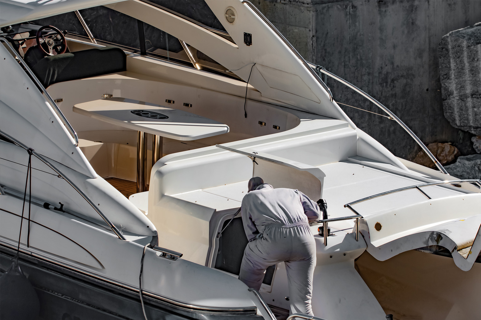 Close-up of a moored rope on a luxury yacht.