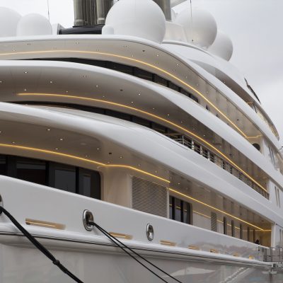 Close-up of a moored rope on a luxury yacht.