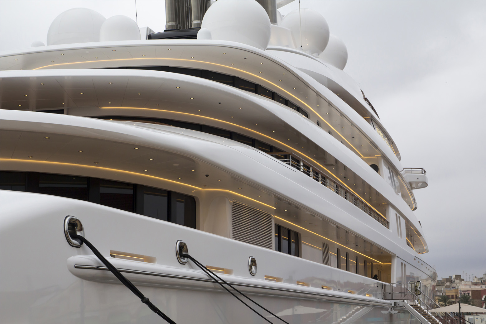 Close-up of a moored rope on a luxury yacht.